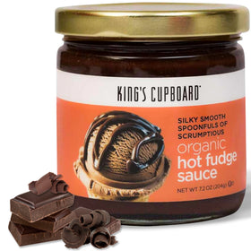 King's Cupboard Organic Hot Fudge Sauce bottle front, rich flavor and all-natural ingredients.