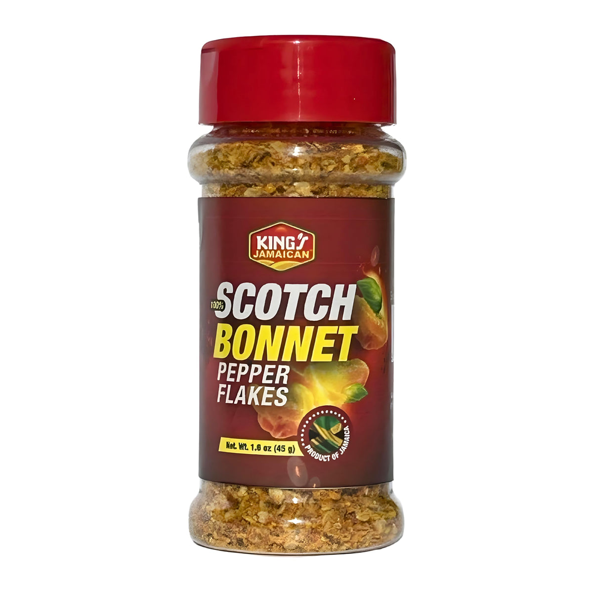 King's Jamaican Scotch Bonnet pepper flakes jar highlights bold Caribbean heat for everyday dishes.