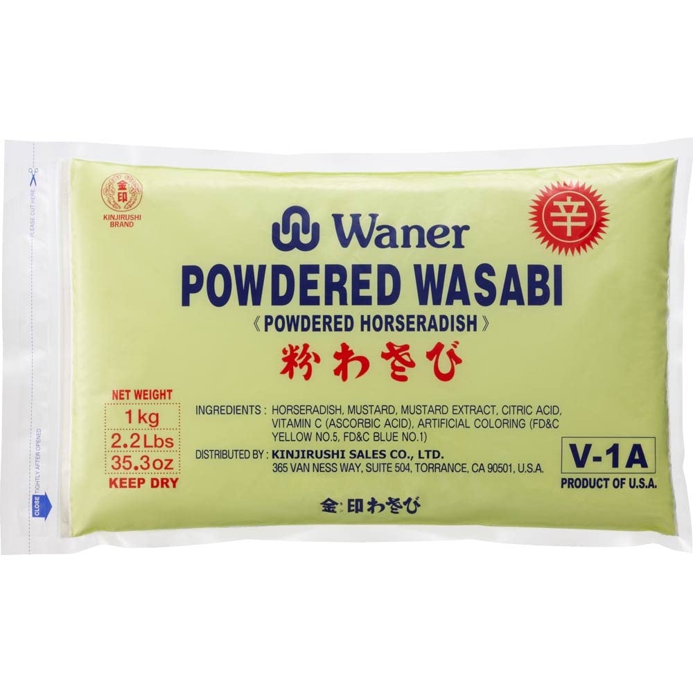 Kinjirushi Waner Wasabi Powder 1kg bulk packaging for frequent sushi prep.
