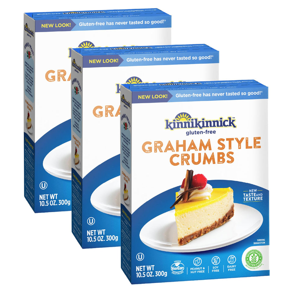 Kinnikinnick gluten-free Graham Style Crumbs 3-pack box for easy crusts.