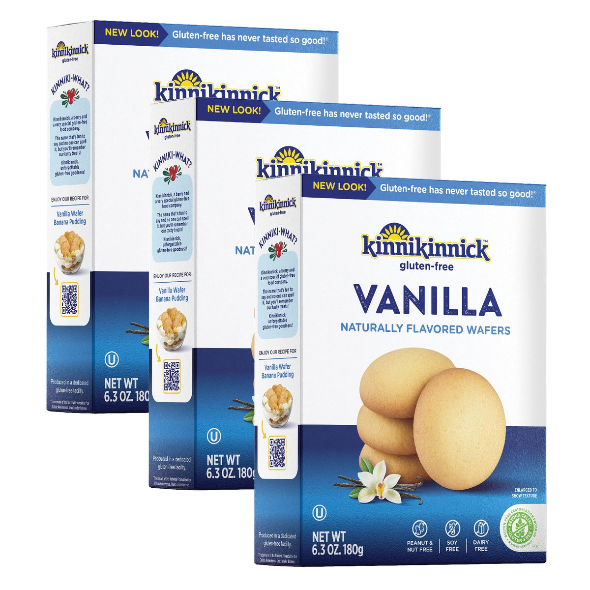 Kinnikinnick Vanilla Wafers three-box pack ready for baking and sharing.