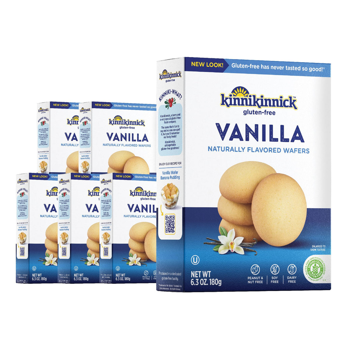 Kinnikinnick Vanilla Wafers box pack showing six boxes, gluten-free and allergy-friendly.