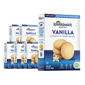 Kinnikinnick Vanilla Wafers box pack showing six boxes, gluten-free and allergy-friendly.