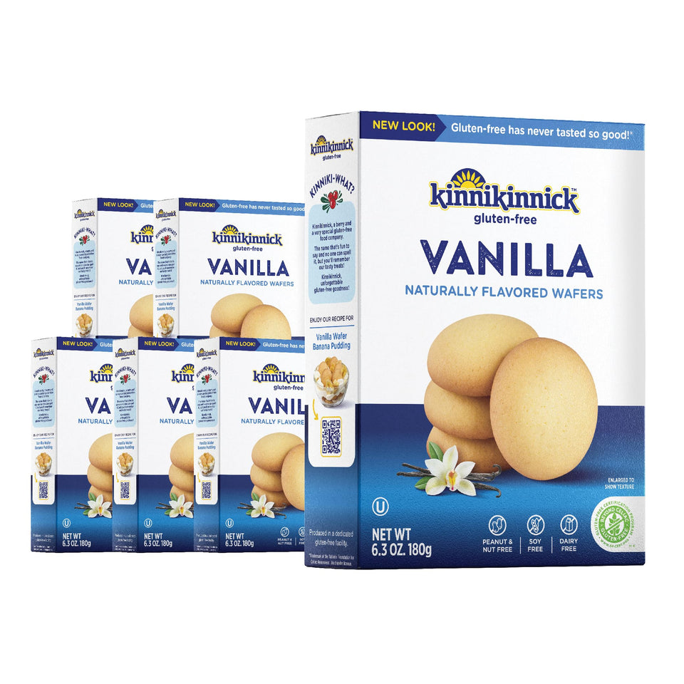 Kinnikinnick Vanilla Wafers box pack showing six boxes, gluten-free and allergy-friendly.