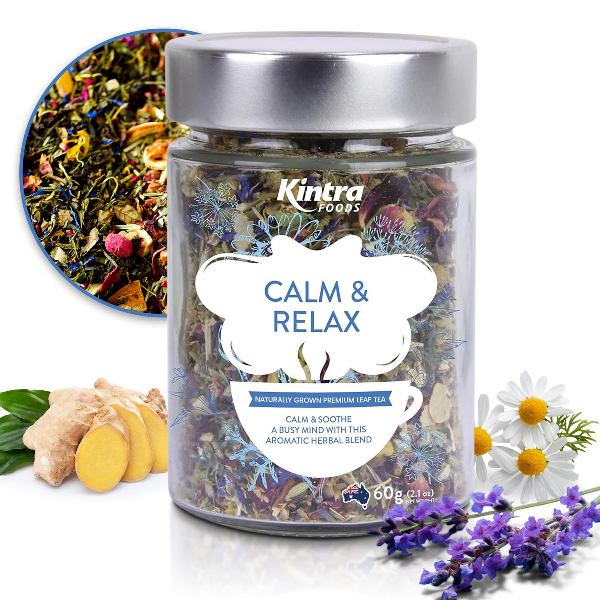 Kintra Calm and Relax loose leaf tea jar ready for a calming evening ritual