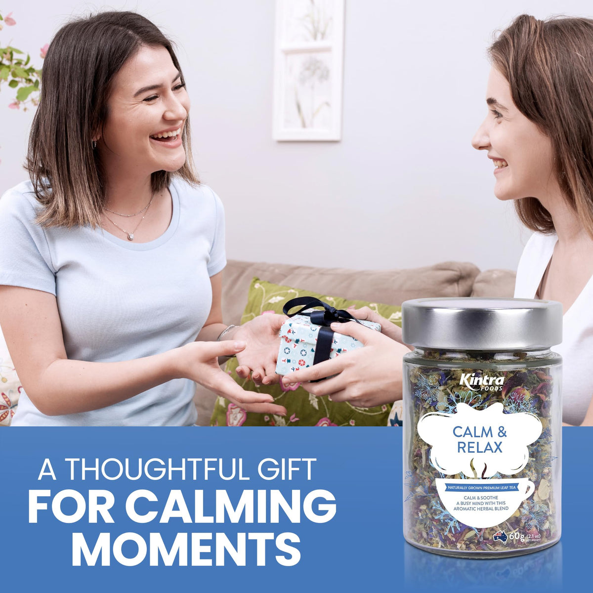 Kintra 40g jar label highlights caffeine-free herbal blend for evening sipping