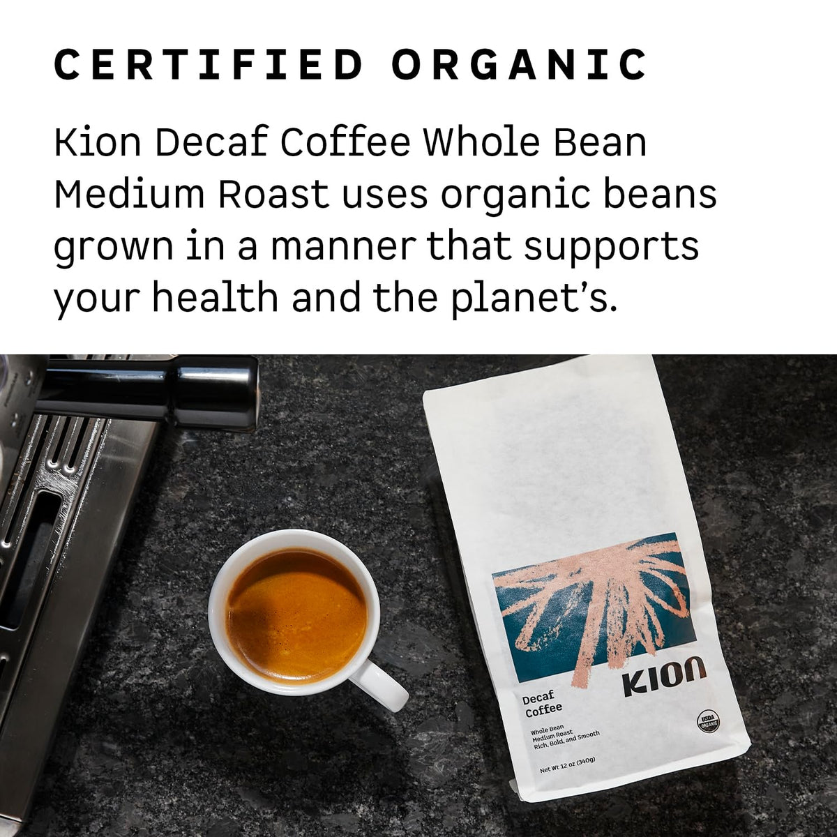 Kion Decaf coffee brewed cup captures bold yet balanced flavor for evenings.