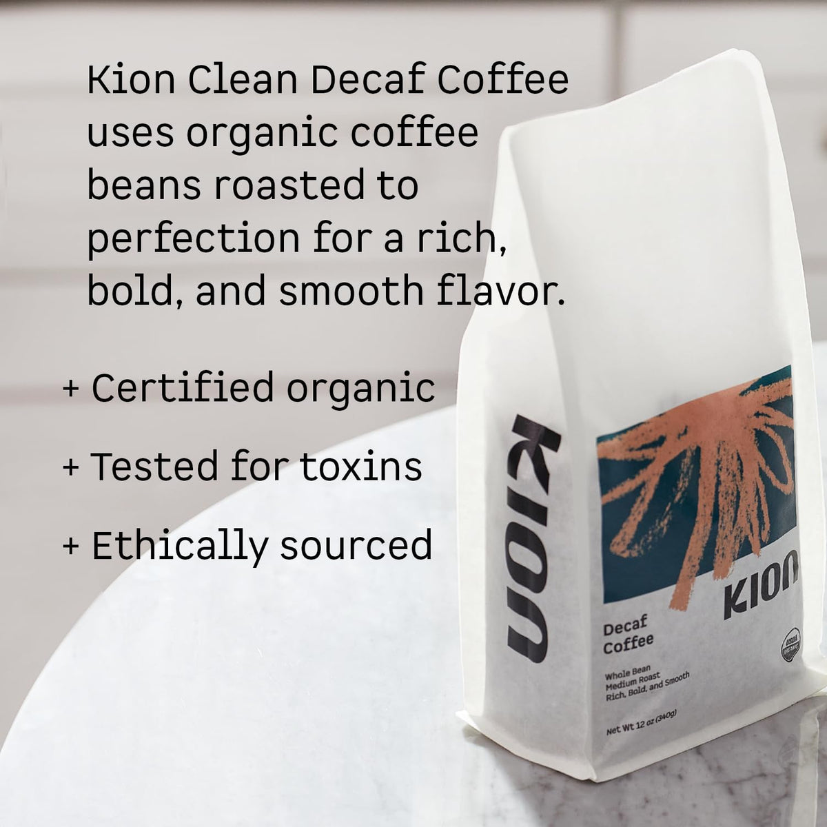 Kion Organic Decaf coffee ground closeup highlights aroma and smooth low acid taste.