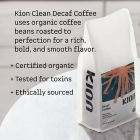 Kion Organic Decaf coffee ground closeup highlights aroma and smooth low acid taste.