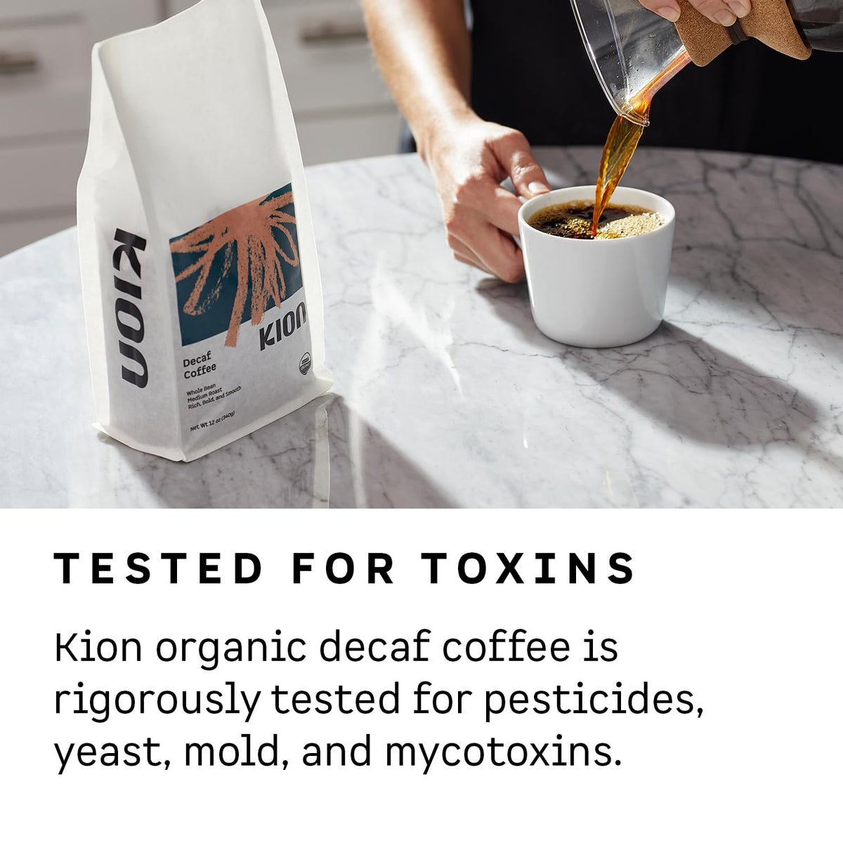 Kion Organic Decaf roast label signals certification and fresh roasted quality.