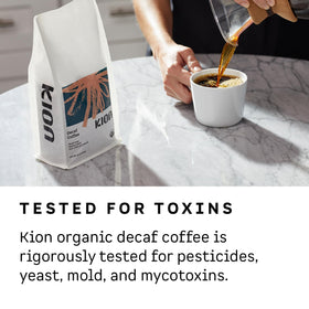 Kion Organic Decaf roast label signals certification and fresh roasted quality.