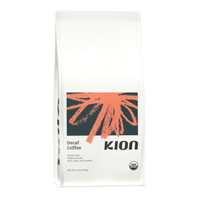 Kion Organic Decaf whole bean coffee bag showcases sustainable sourcing and clean flavor potential.