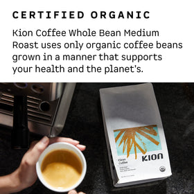 Morning brew scene with Kion Organic Ground Coffee releasing a rich aroma.