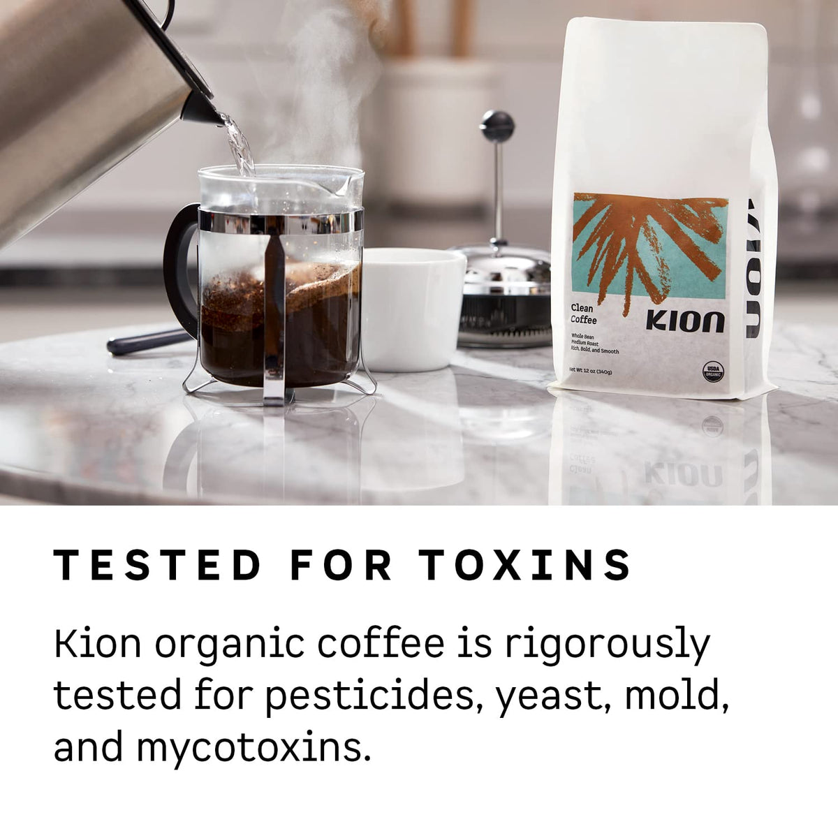 Kion Organic Ground Coffee in nitrogen-flushed bag preserves aroma