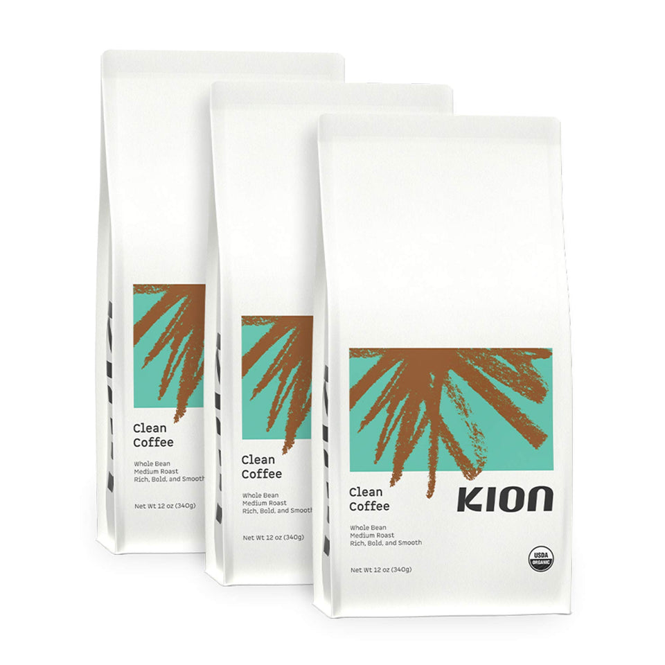 Kion Organic Ground Coffee packaging highlighting organic certification and a convenient three-pack.