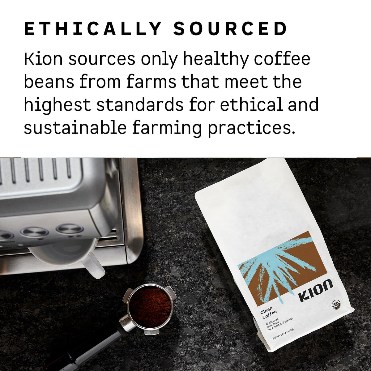 Kion Organic Ground Coffee label indicating ethical sourcing and certification.