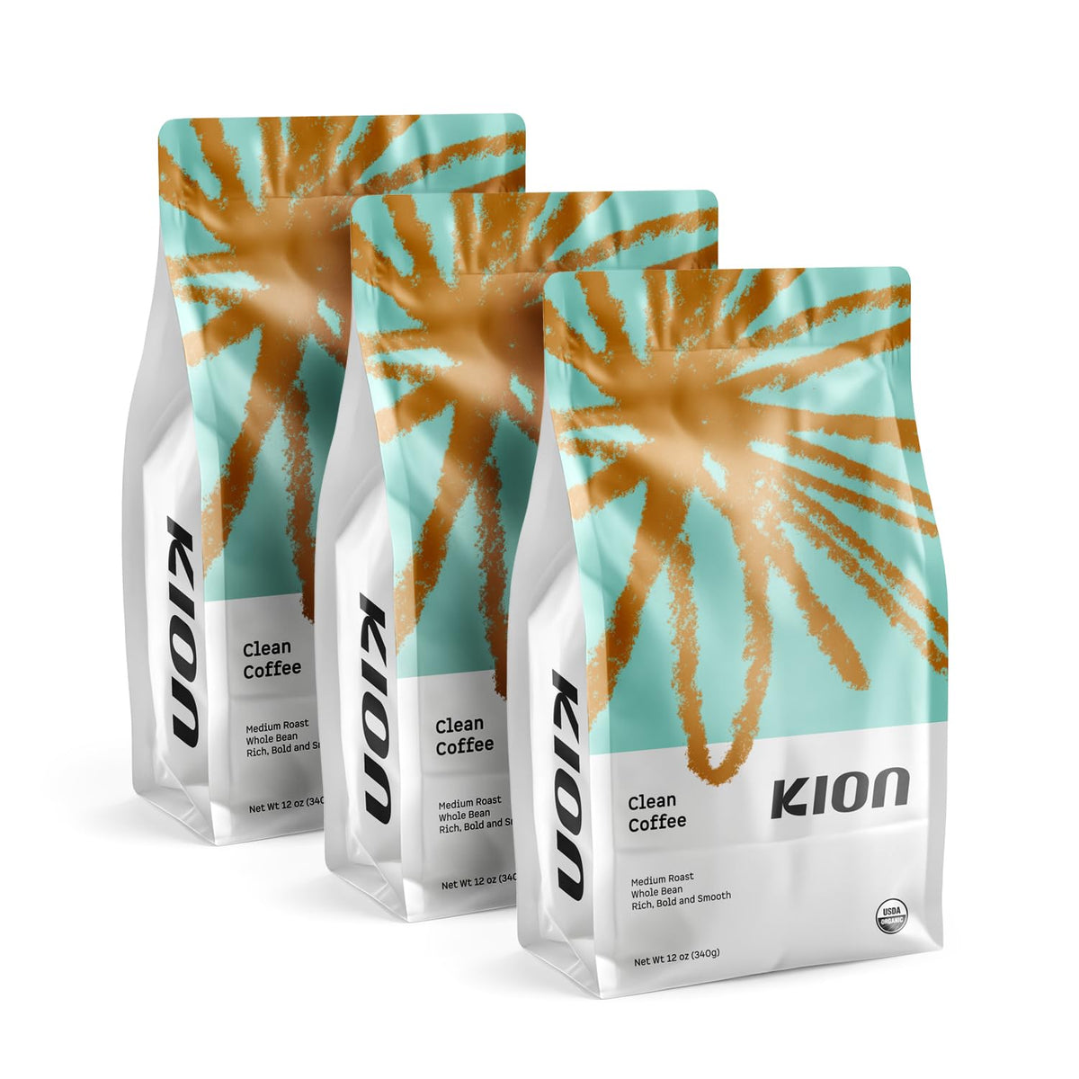 Kion Organic Whole Bean Coffee package front showing organic certification and freshness