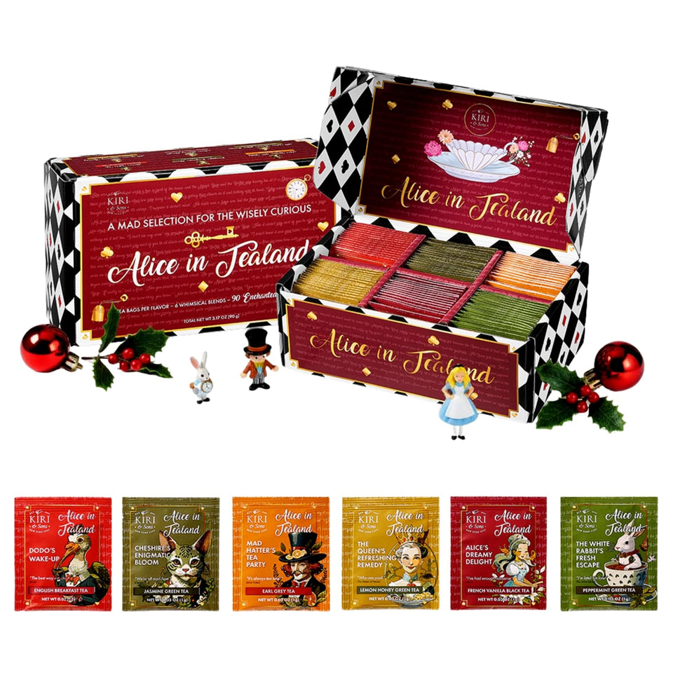 Kiri and Sons Alice's Adventures tea gift box cover with whimsical illustration.