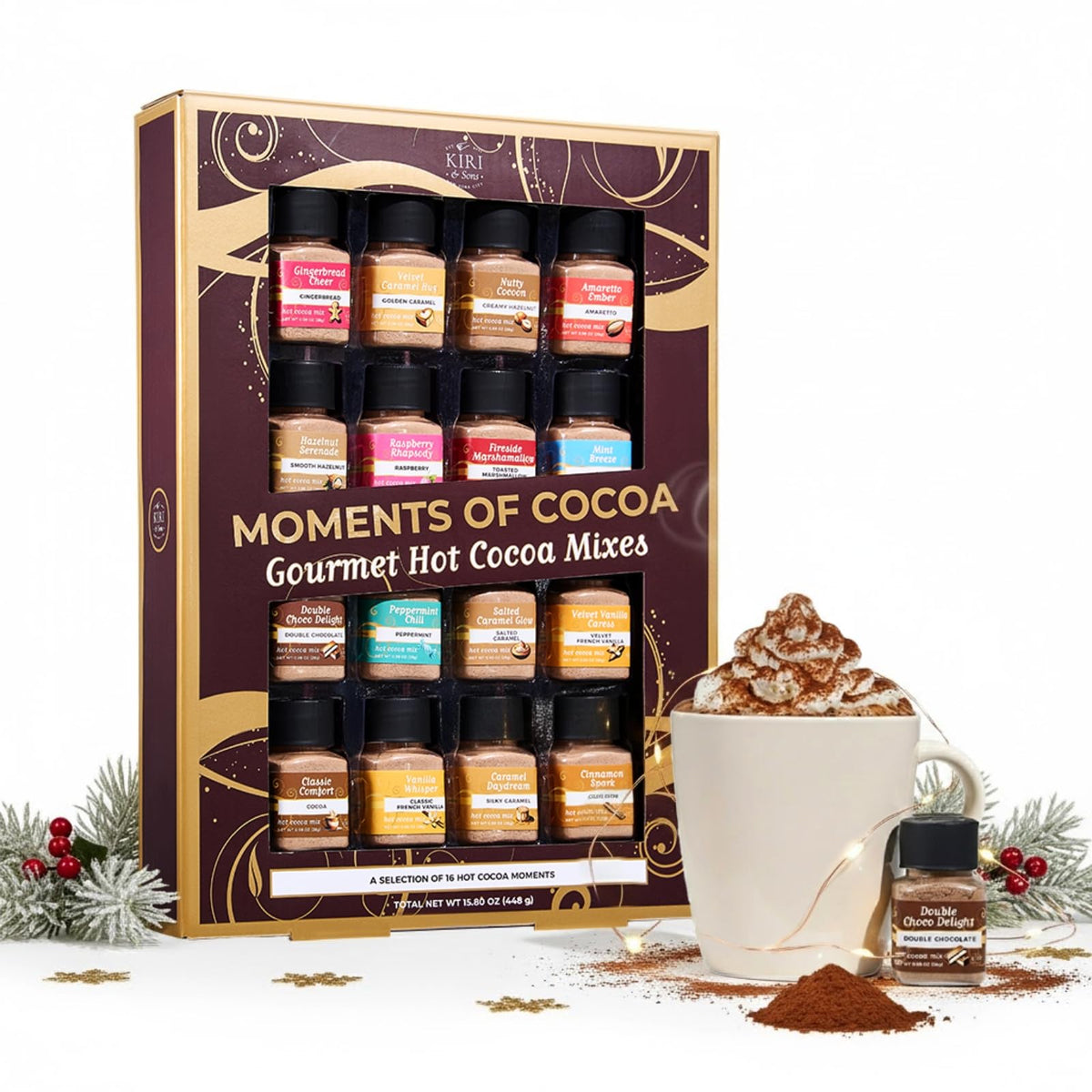 Kiri and Sons hot chocolate 16-pack display showcases assorted flavors for cozy nights.