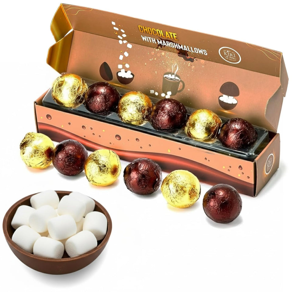 Kiri & Sons hot chocolate bombs packaging shows a six-pack ideal for gifting