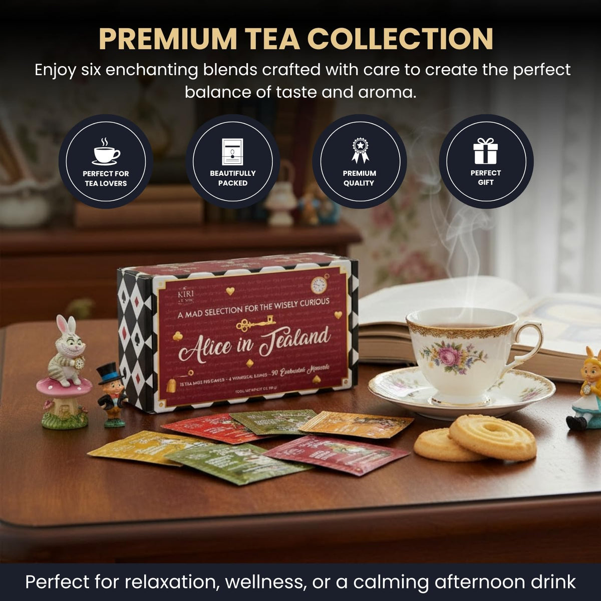 Kiri and Sons Mad Hatter's Tea Party tea bag showcasing bold Earl Grey flavors.