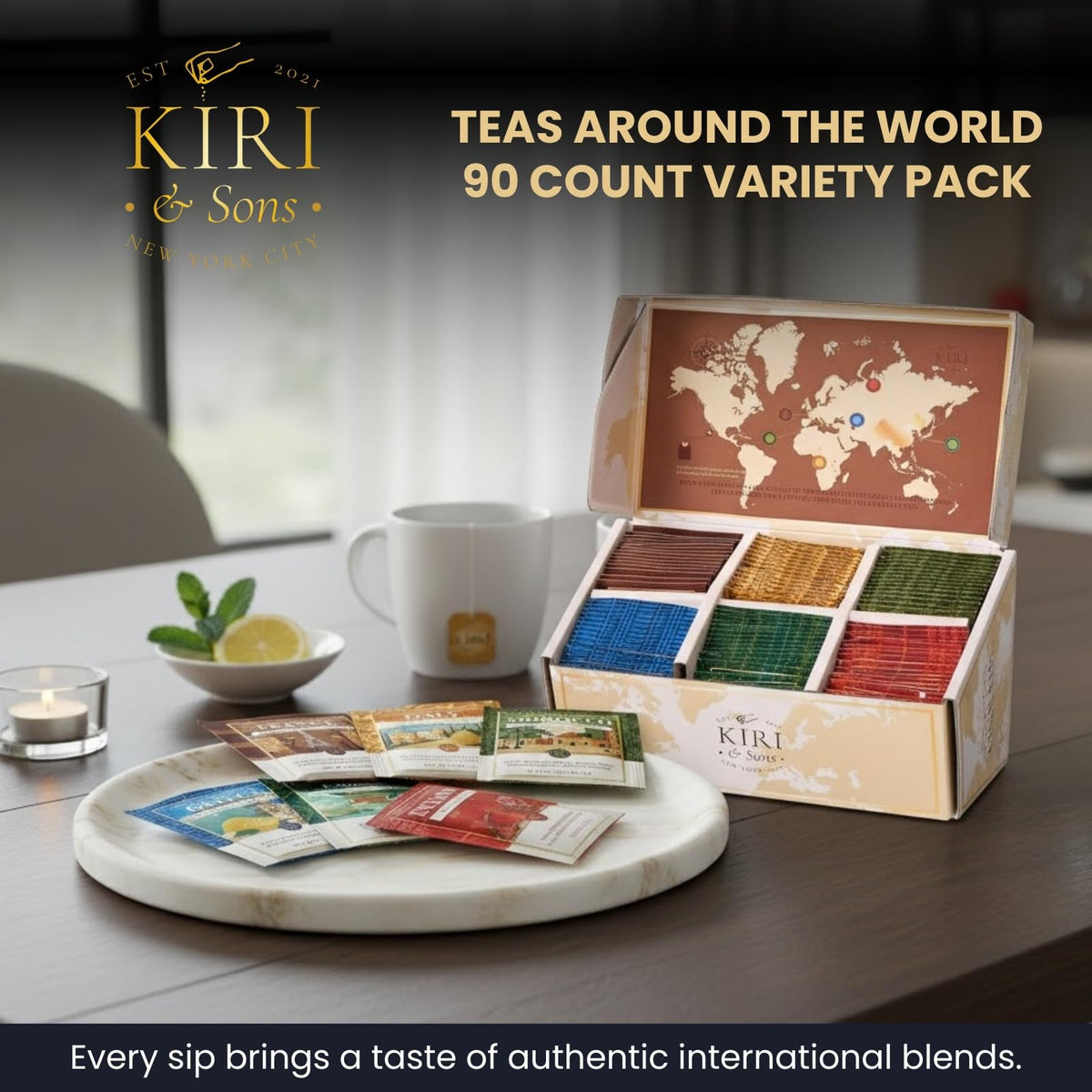 Kiri & Sons World Map Box Design showcases premium blends for stylish tea moments.