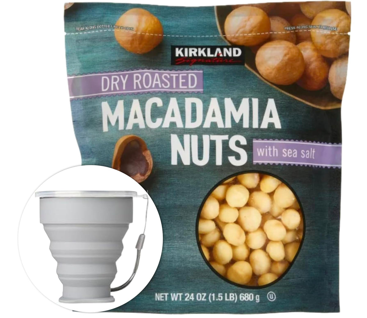 Kirkland Signature dry roasted macadamia nuts with sea salt, front view, perfect for a satisfying snack.