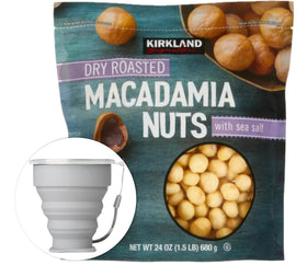 Kirkland Signature dry roasted macadamia nuts with sea salt, front view, perfect for a satisfying snack.