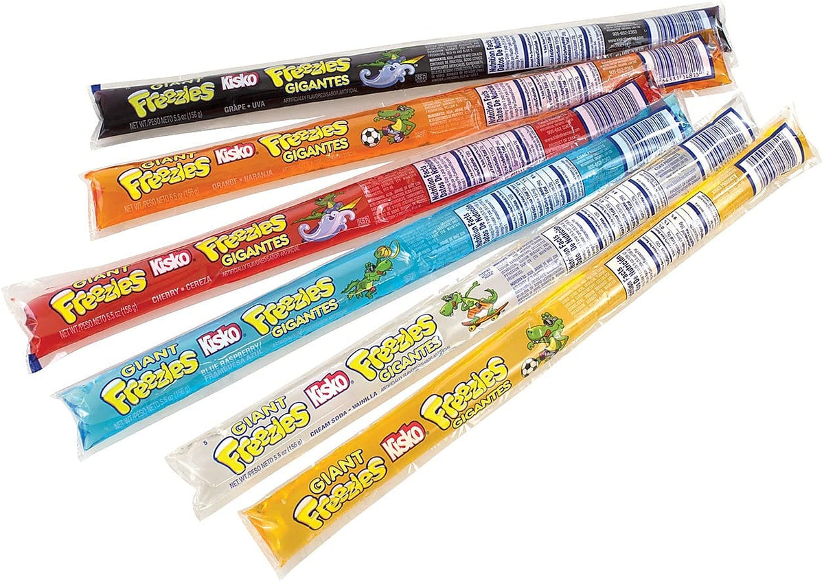Kisko Giant Freezies flavor assortment display with six flavors ready to freeze