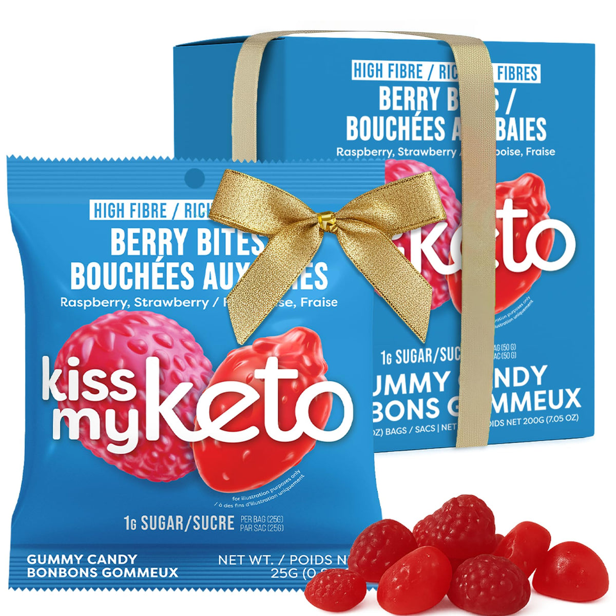 Kiss My Keto Berry Bites gummy bag shows keto-friendly packaging.