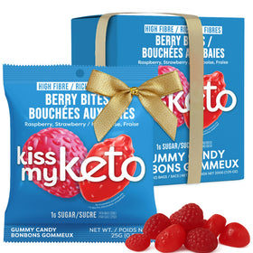 Kiss My Keto Berry Bites gummy bag shows keto-friendly packaging.