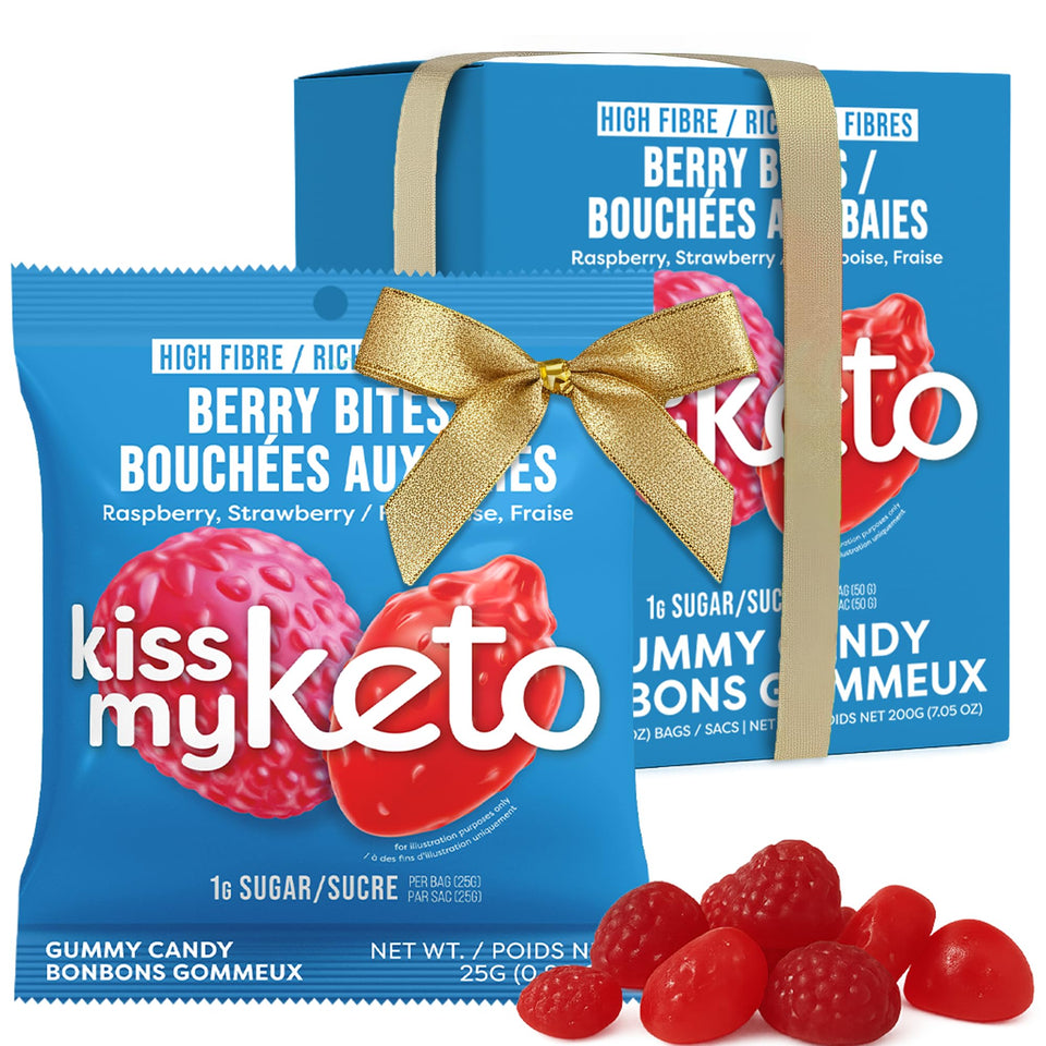 Kiss My Keto Berry Bites gummy bag shows keto-friendly packaging.