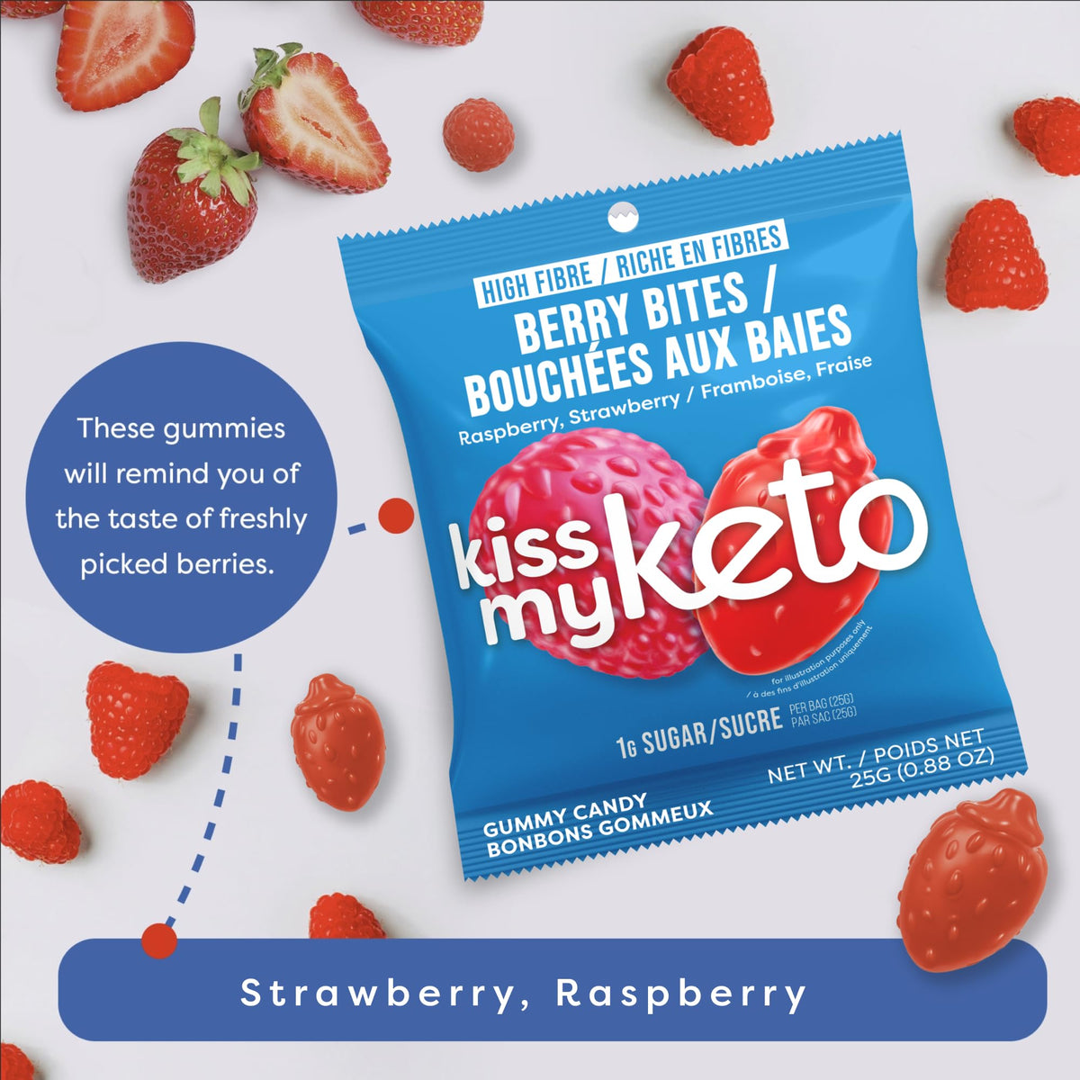 Kiss My Keto Berry Bites vegan gummies on a plate, non-GMO.
