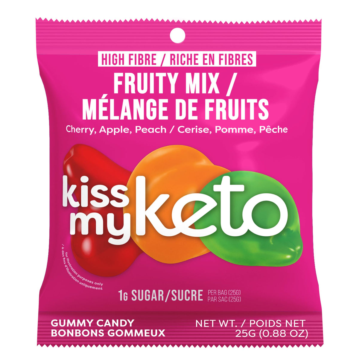 Kiss My Keto Fruity Mix gummies close-up, colorful bites designed to curb cravings.