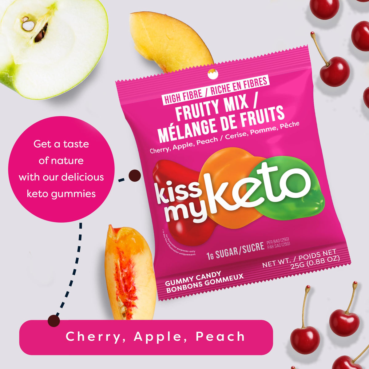 Kiss My Keto Fruity Mix single-serve pouch, convenient portion control.