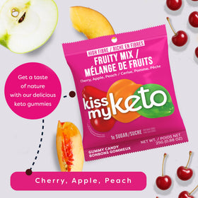 Kiss My Keto Fruity Mix single-serve pouch, convenient portion control.