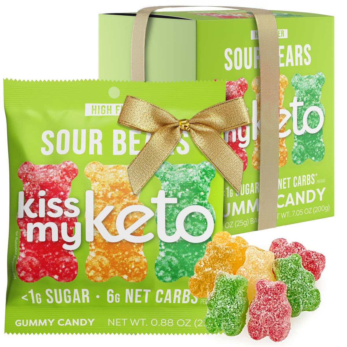 Kiss My Keto Sour Gummy Bears 8-pack front label for keto-friendly snacking.