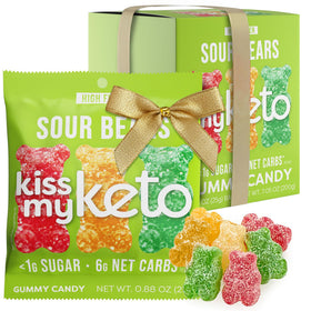 Kiss My Keto Sour Gummy Bears 8-pack front label for keto-friendly snacking.
