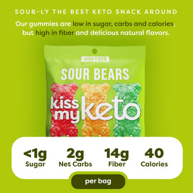 Kiss My Keto Sour Gummy Bears close-up of fruity flavors for bold taste.