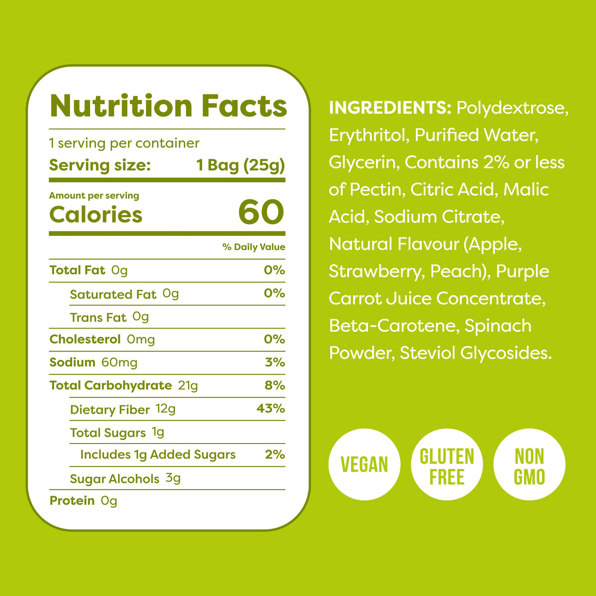 Kiss My Keto Sour Gummy Bears vegan, non-GMO ingredients highlighted.