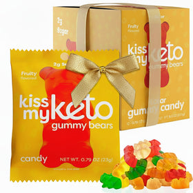 Kiss My Keto gummy bears in bag packaging, keto-friendly treat for busy days