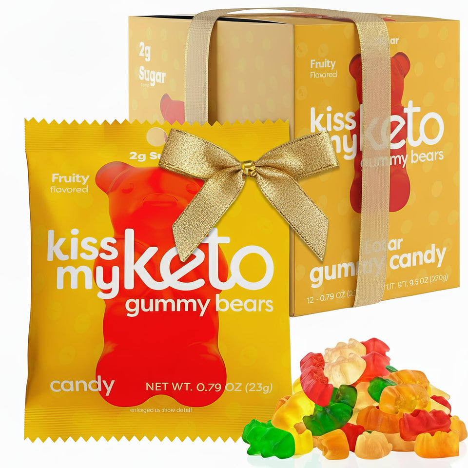 Kiss My Keto gummy bears in bag packaging, keto-friendly treat for busy days
