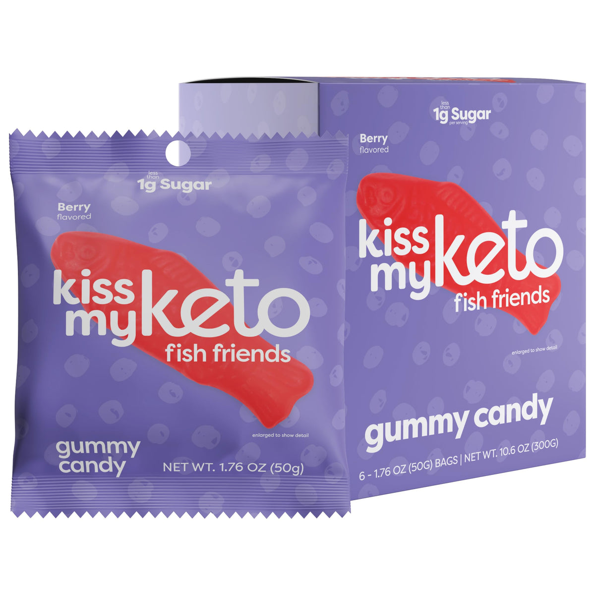 Kiss My Keto gummy fish bag showing keto-friendly low-sugar snack for on-the-go