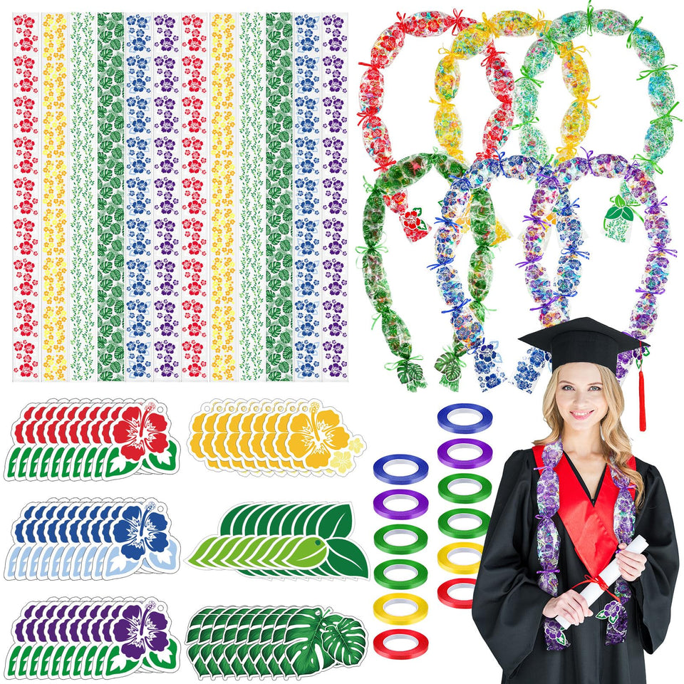 Kisston candy lei tubes with colorful Hawaiian flowers for graduation accessories.