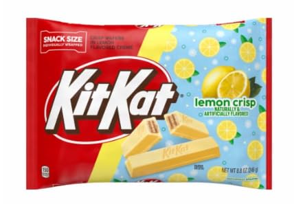 Kit Kat Lemon Crisp Miniatures bag showcasing zesty lemon candy for spring Easter snacking