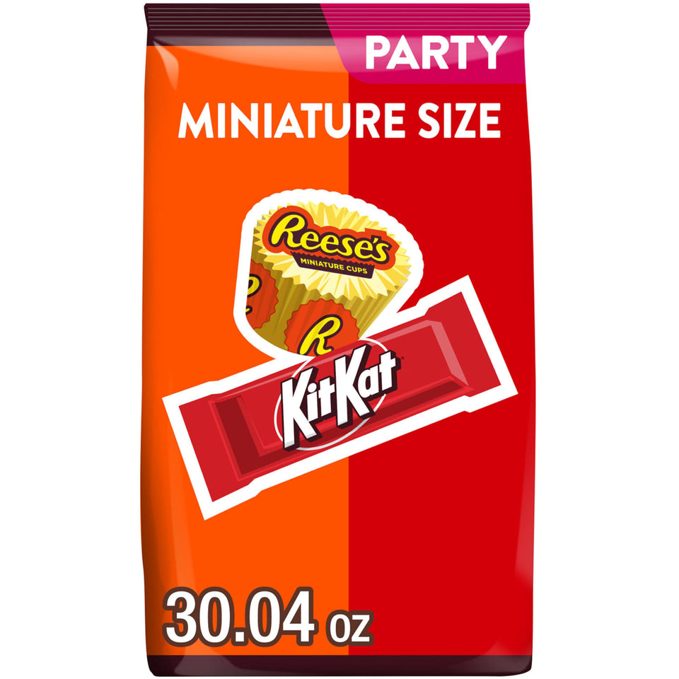 KIT KAT and REESE'S miniatures display for sharing at gatherings and parties.