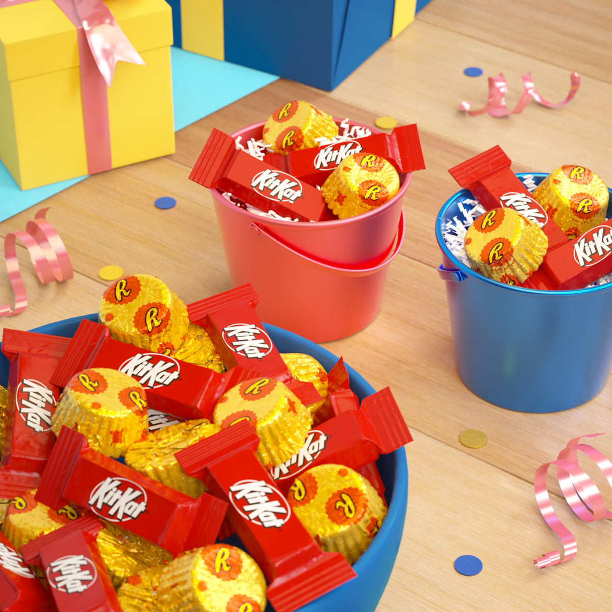 KIT KAT and REESE'S miniatures at a party table for crowd-pleasing treats.