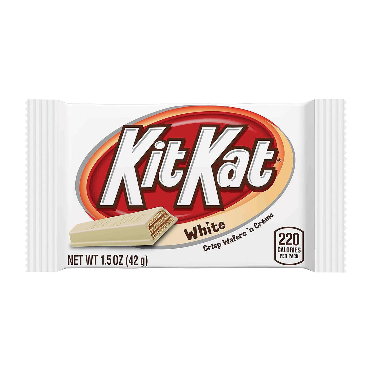 Close-up of a single Kit Kat White Creme Wafer Bar showing crispy layers and smooth filling.
