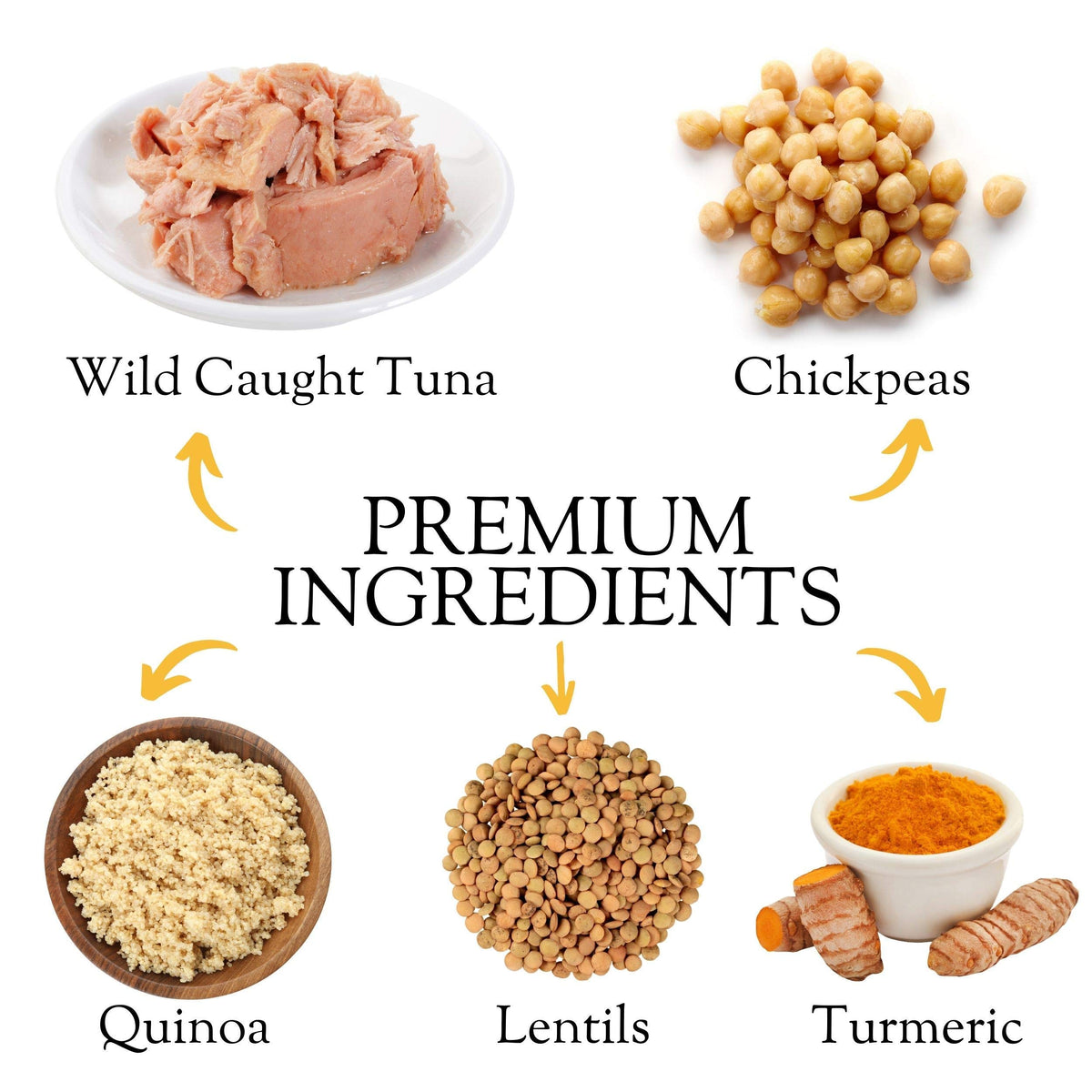 Kitchen & Love ingredients close-up showing quinoa and chickpeas, protein-rich pairing.
