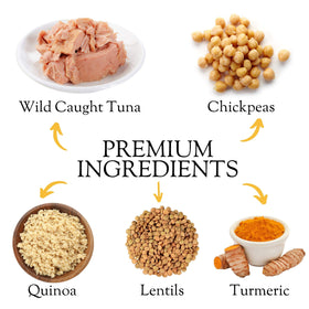 Kitchen & Love ingredients close-up showing quinoa and chickpeas, protein-rich pairing.